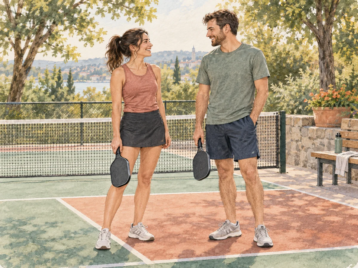 Illustration of two adults chatting with paddles beside a pickleball court
