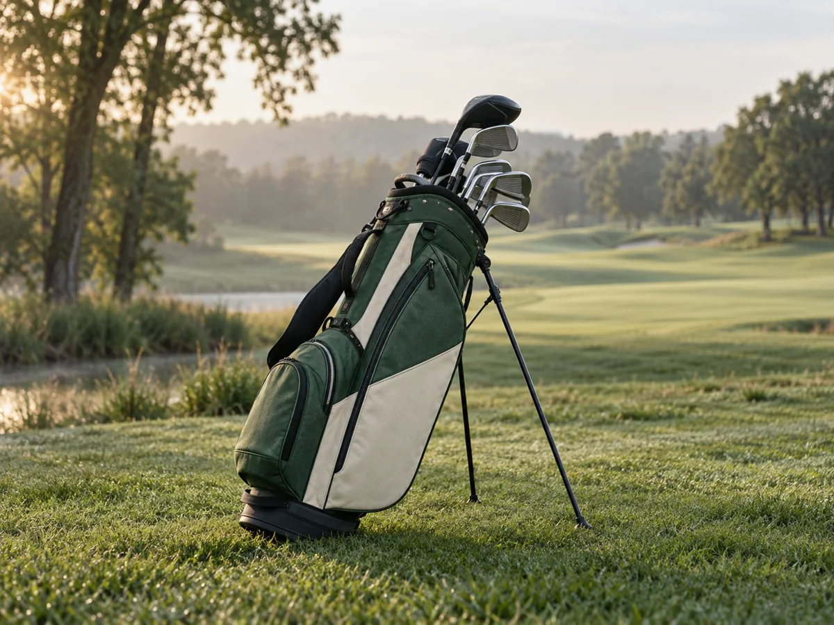 Golf bags beside a sunlit course