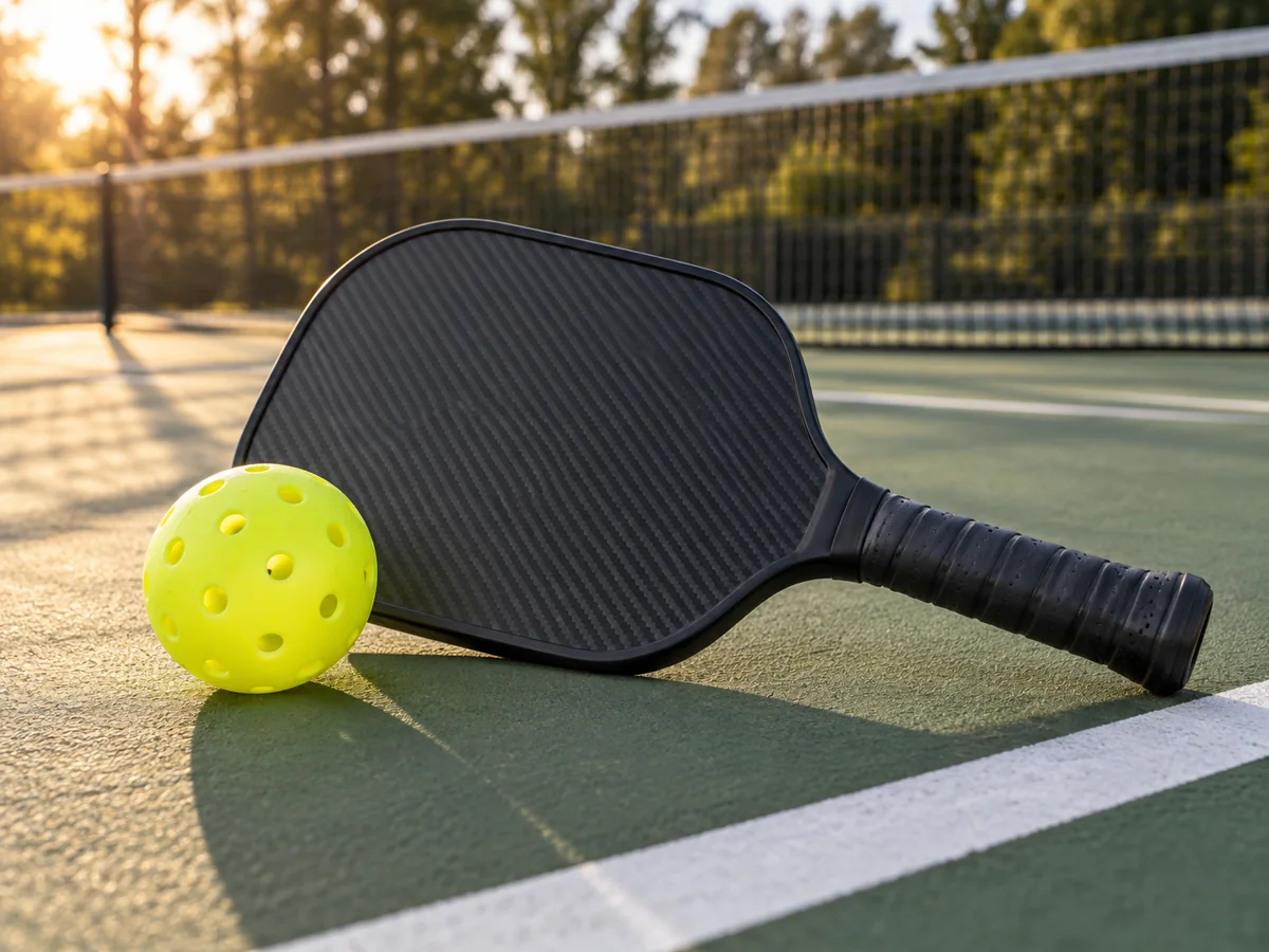 Pickleball paddles and balls beside a court