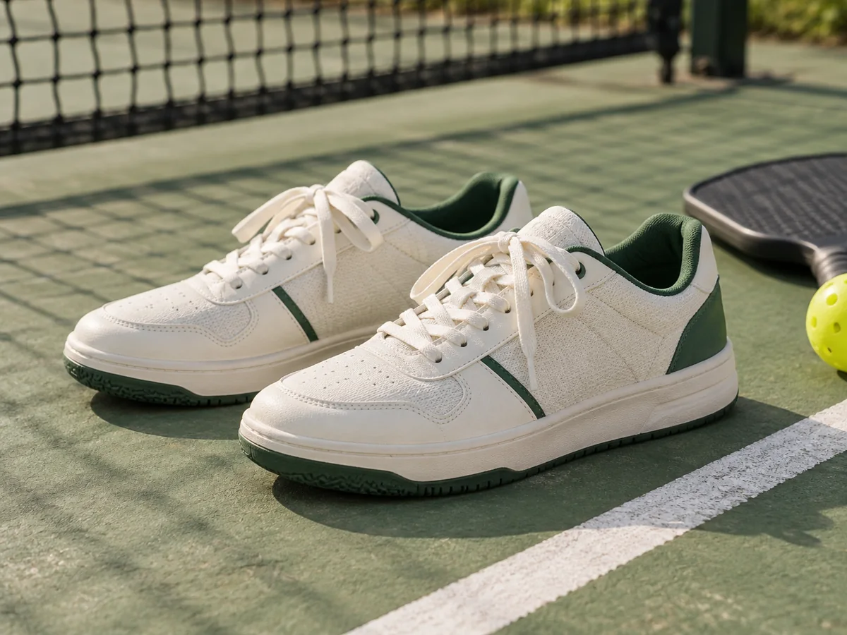 Court shoes on a green pickleball court