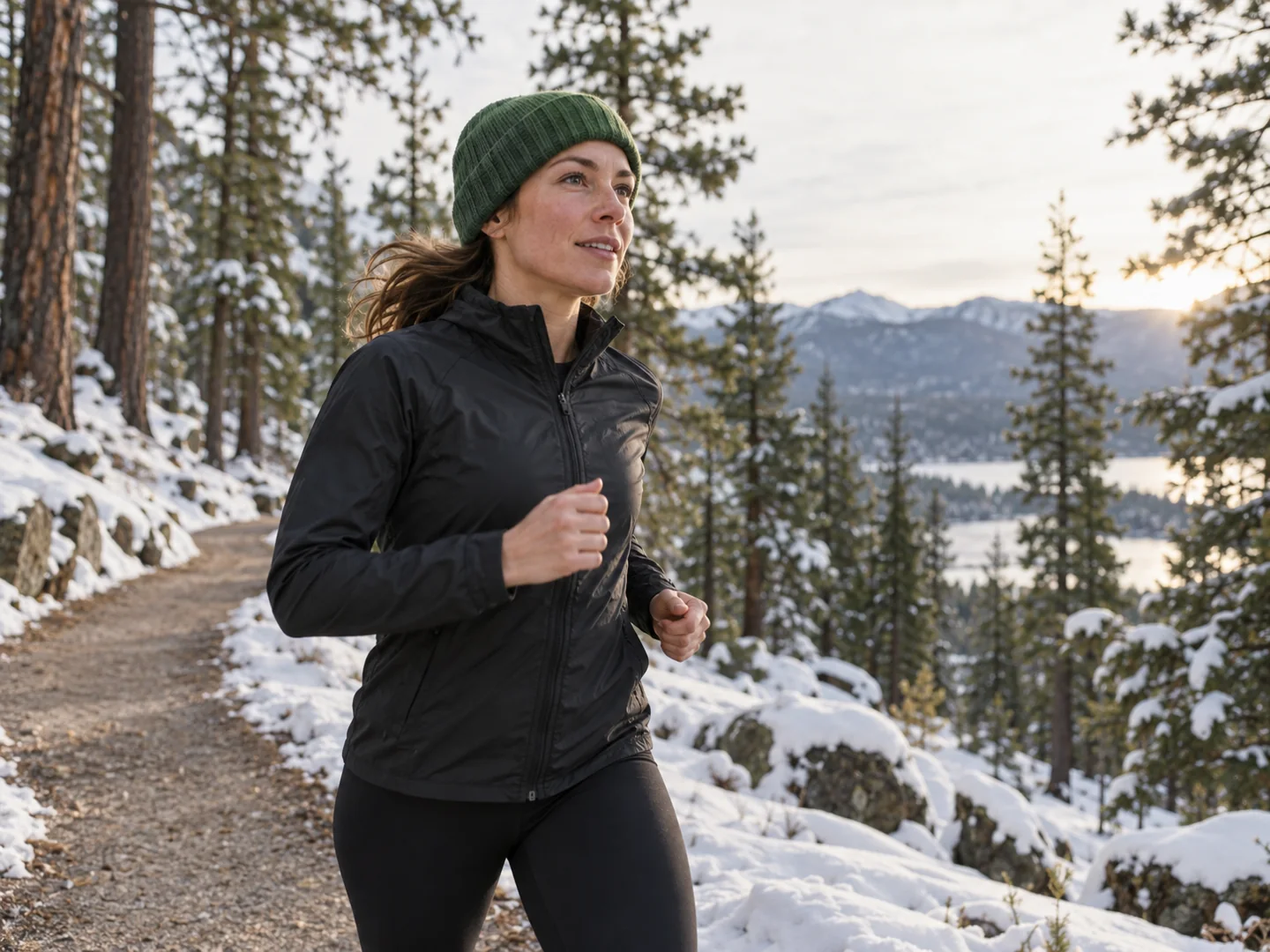 Runner in a dark jacket on a snowy forest trail